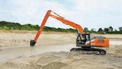 Maximum reach on the super long front excavator is 50 feet 4 inches. Maximum reach on the super long front excavator is 50 feet 4 inches.
