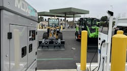 A mobile charger, two battery-electric wheel loaders, and a charging station stand at the ready at an L.A. County Sanitation Districts facility. There are 124 charging stations spread across facilities with another 350 planned. A mobile charger, two battery-electric wheel loaders, and a charging station stand at the ready at an L.A. County Sanitation Districts facility. There are 124 charging stations spread across facilities with another 350 planned.