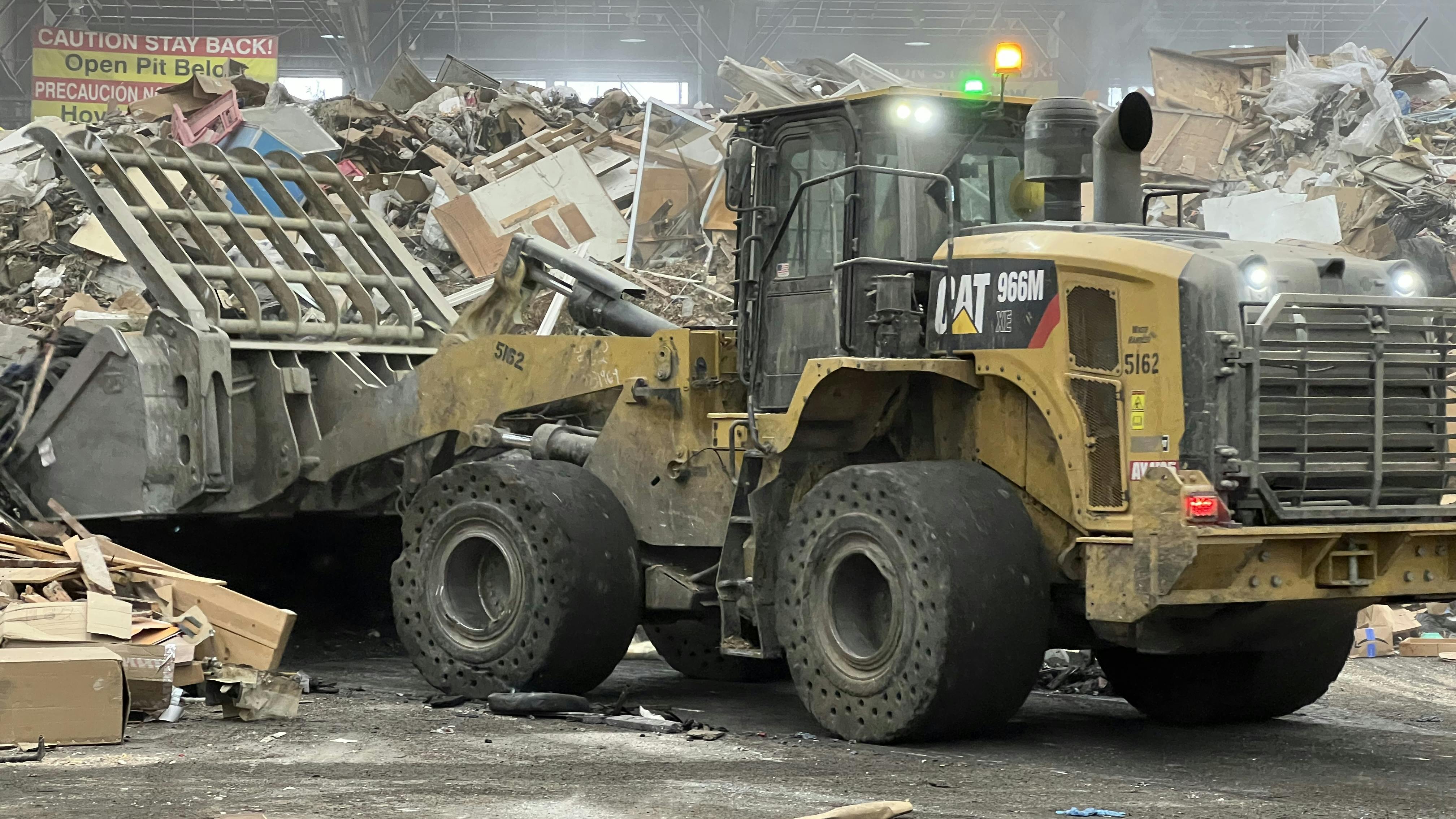 A Cat loader running on renewable diesel in an L.A. County Sanitation Districts facility.