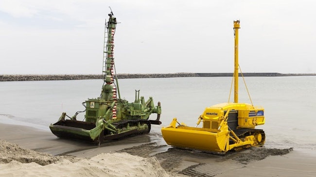 Amphibious bulldozer (left) and underwater construction robot under field trials (right).