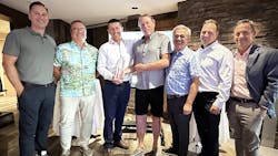 Leaders from Great West Equipment accept their award from Volvo CE. From left: Scott Young, head of region North America, VCE; Colin Matejka, president, Great West; Rob Rintoul, CFO, Great West; Roger Dobie, COO, Great West; Agako Nouch, head of sales development, VCE; Evan Perry, district VP, VCE; Jeff Keller, district sales manager, VCE. Leaders from Great West Equipment accept their award from Volvo CE. From left: Scott Young, head of region North America, VCE; Colin Matejka, president, Great West; Rob Rintoul, CFO, Great West; Roger Dobie, COO, Great West; Agako Nouch, head of sales development, VCE; Evan Perry, district VP, VCE; Jeff Keller, district sales manager, VCE.
