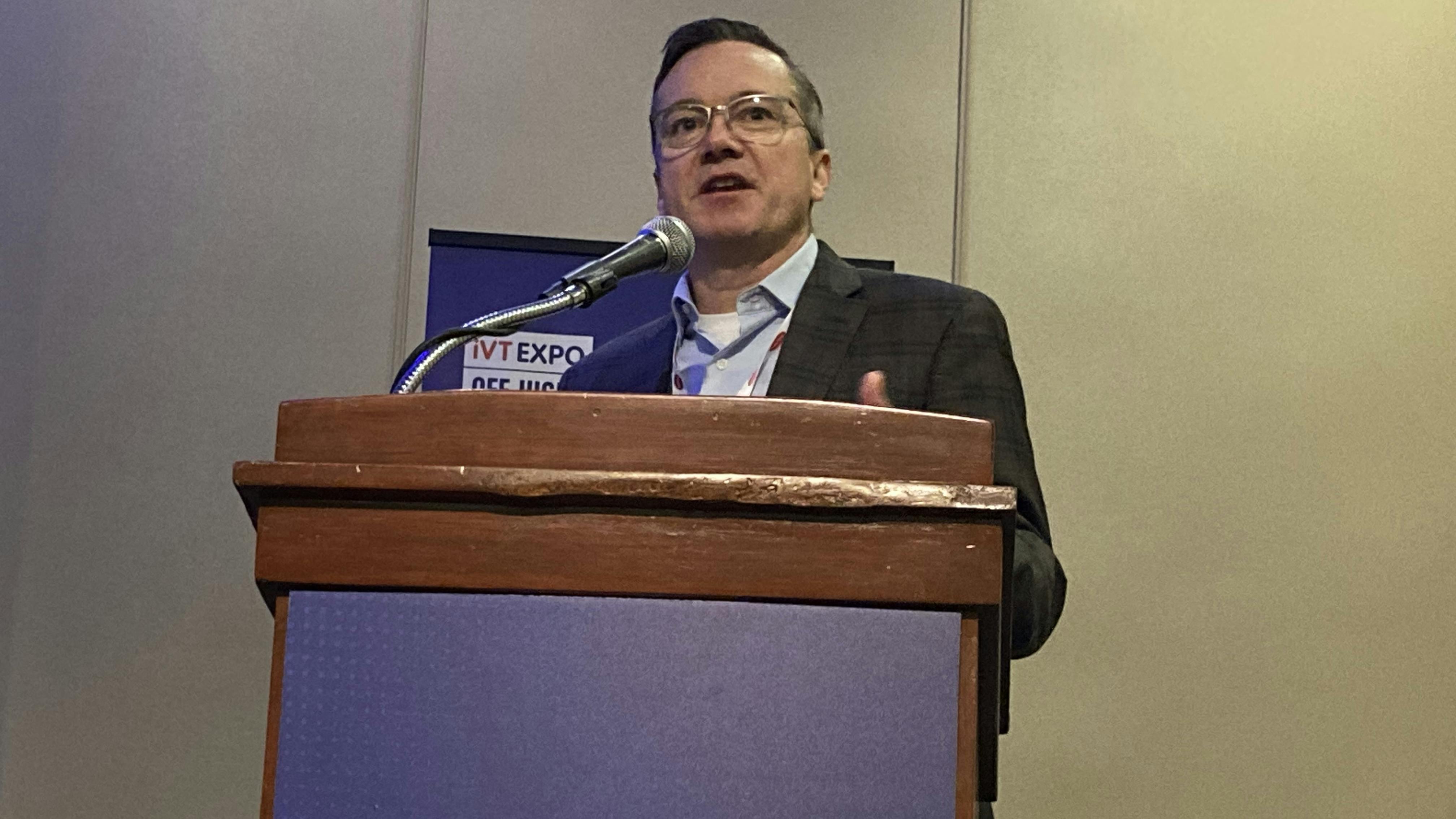 Joel Honeyman, VP global innovation for Doosan Bobcat, addressing attendees at the recent iVT Expo in Rosemont, Illinois.