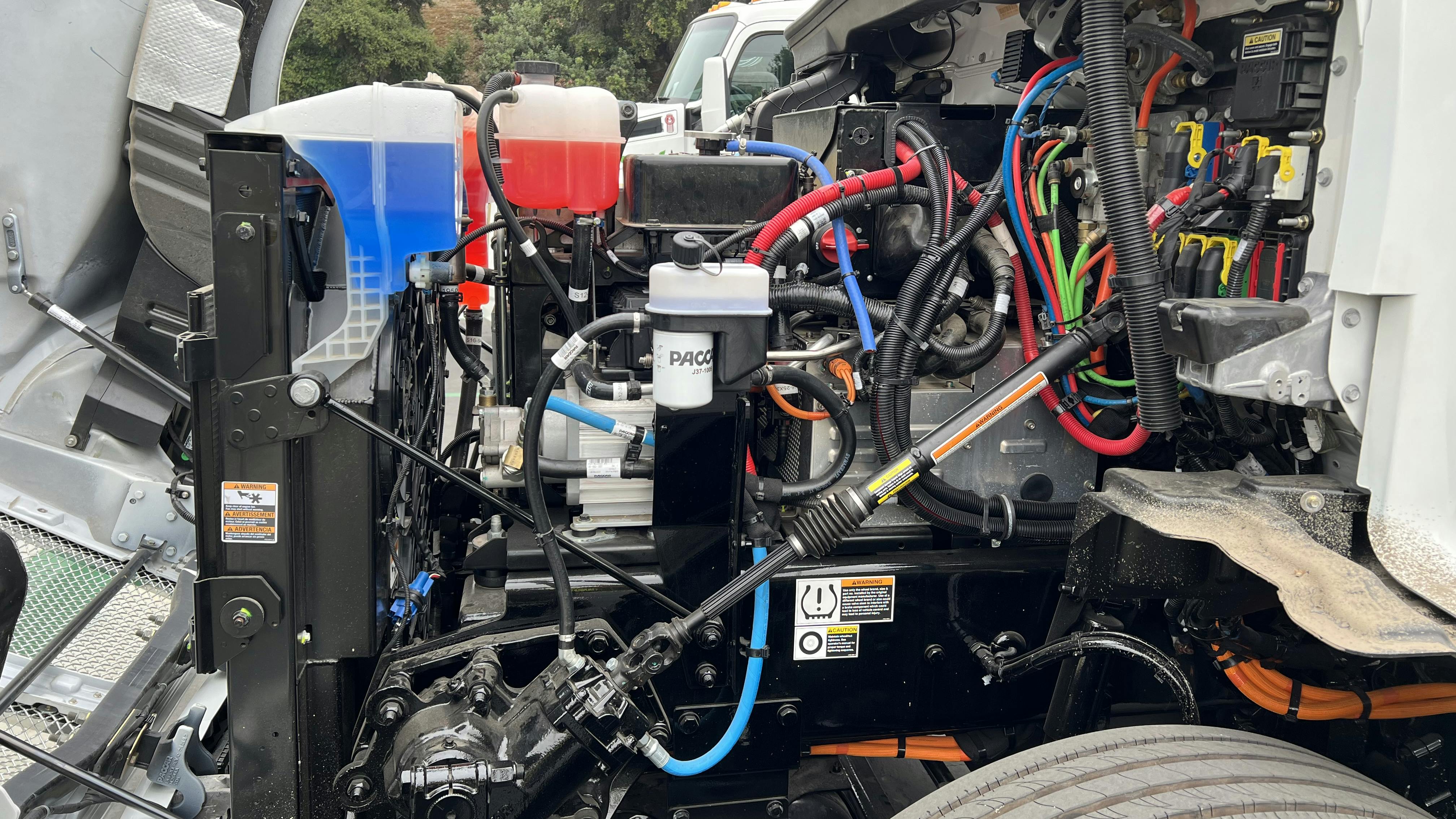 Under the hood of a Kenworth T680 electric on-highway truck.