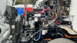 Under the hood of a Kenworth T680 electric on-highway truck. Under the hood of a Kenworth T680 electric on-highway truck.