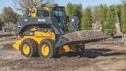 When loading a skid steer or compact track loader onto a trailer, keep the boom and attachment low. When loading a skid steer or compact track loader onto a trailer, keep the boom and attachment low.