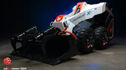 The RogueX2 concept loader on display at CES 2024. The machine produces zero emissions and features a lithium-ion battery, electric drive actuated lift, and tilt kinematics with no hydraulics.