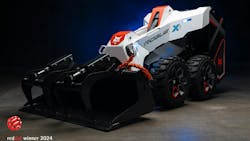 The RogueX2 concept loader on display at CES 2024. The machine produces zero emissions and features a lithium-ion battery, electric drive actuated lift, and tilt kinematics with no hydraulics. The RogueX2 concept loader on display at CES 2024. The machine produces zero emissions and features a lithium-ion battery, electric drive actuated lift, and tilt kinematics with no hydraulics.