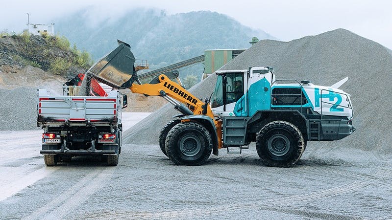 The Liebherr large wheel loader with hydrogen engine will be trialled over several years at the quarry.