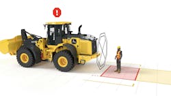 Rendering of the 3D perception view that can identify bystanders and obstacles behind the loader. Rendering of the 3D perception view that can identify bystanders and obstacles behind the loader.