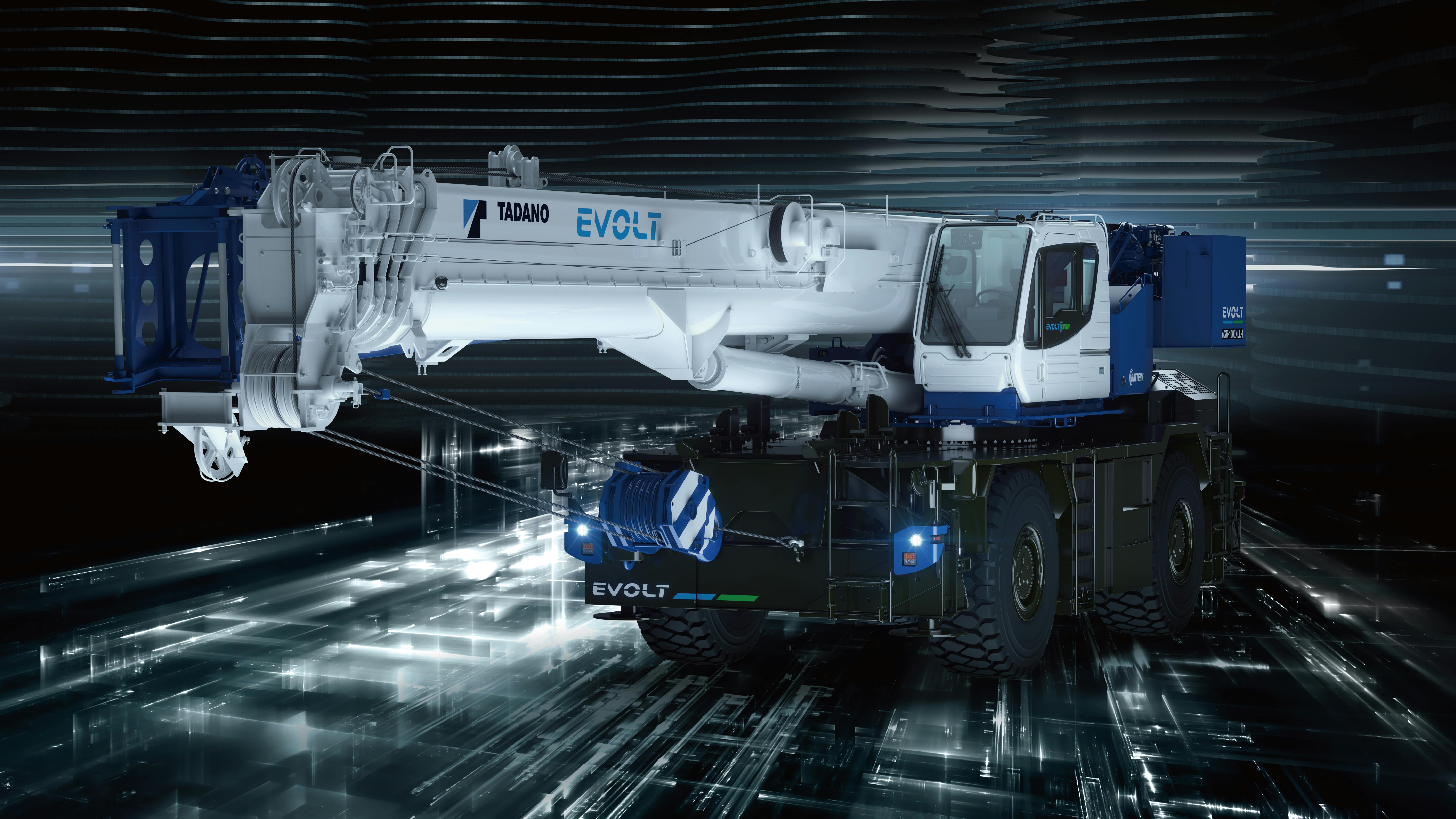 The eGR1000XLL-1 rough terrain crane can lift for 7 hours on a charge, or up to 5 hours with 5.5 miles of travel.