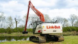 The Link-Belt 260 X4S long front excavator reaches to 50 feet 10 inches. The Link-Belt 260 X4S long front excavator reaches to 50 feet 10 inches.