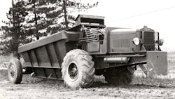 Euclid also experimented with the rear-steer concept on one 1MGT-W bottom dump, powered again by a Waukesha 6SRKR series engine. It was built in 1940. Note the array of hydraulic lines, typical of the rear-steers. Euclid also experimented with the rear-steer concept on one 1MGT-W bottom dump, powered again by a Waukesha 6SRKR series engine. It was built in 1940. Note the array of hydraulic lines, typical of the rear-steers.