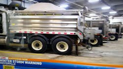 TV news video shows ODOT trucks being loaded with salt prior to an impending weekend snowstorm. Stainless steel bodies resist corrosion so can be reused two and three times as new chassis are bought. Tandem-axle units comprise about 75% of ODOT’s 1,525-unit plow fleet because of their high carrying capacity and handling stability. Life cycle is 11 years, and about 10% of the fleet is replaced each year. TV news video shows ODOT trucks being loaded with salt prior to an impending weekend snowstorm. Stainless steel bodies resist corrosion so can be reused two and three times as new chassis are bought. Tandem-axle units comprise about 75% of ODOT’s 1,525-unit plow fleet because of their high carrying capacity and handling stability. Life cycle is 11 years, and about 10% of the fleet is replaced each year.
