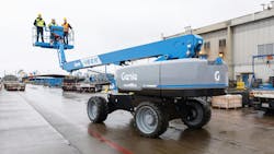 The Genie S-85 XC FE Hybrid telescopic boom lift on site. The Genie S-85 XC FE Hybrid telescopic boom lift on site.