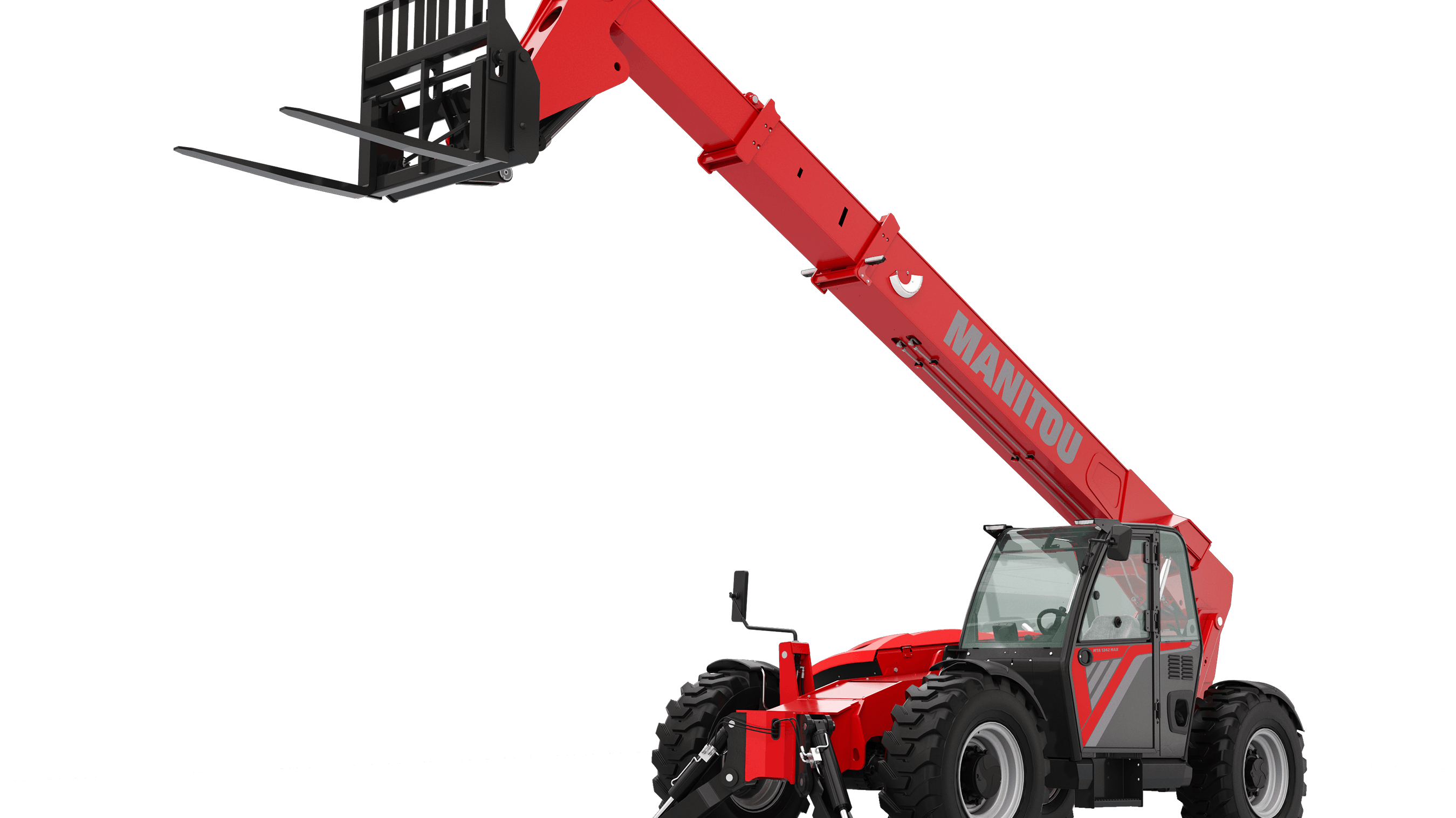 Manitour MTA 1242 MAX has a maximum capacity of 12,000 pounds with a maximum lifting height of 42 feet 6 inches.