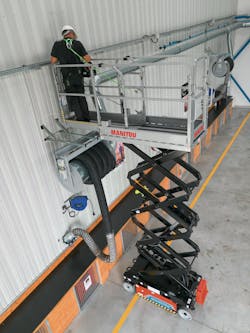 Basket capacity is 507 pounds, and the extendable three-position platform has a full-height swing gate for operator access. Basket capacity is 507 pounds, and the extendable three-position platform has a full-height swing gate for operator access.