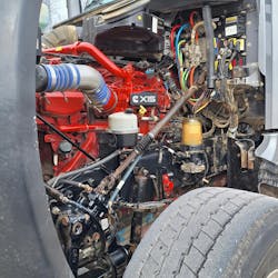 Big 14.9-liter Cummins X15 is the popular power for a dumper in the Cleveland area. This one’s rated at 500 horsepower and 1,650 lb.-ft., which propelled the truck well. Steer-axle tires are wide 425s but cut sharply enough for the truck to make tight turns. Big 14.9-liter Cummins X15 is the popular power for a dumper in the Cleveland area. This one’s rated at 500 horsepower and 1,650 lb.-ft., which propelled the truck well. Steer-axle tires are wide 425s but cut sharply enough for the truck to make tight turns.