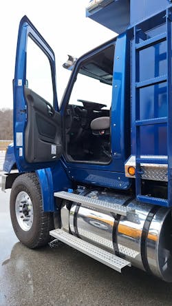 Standard two-tread stair arrangement makes for a ‘one, two, three and in’ exercise while climbing and entering the HV615’s cab. Short-legged drivers might appreciate an optional third additional tread that can be placed between the existing pair to ease an ascent. Standard two-tread stair arrangement makes for a ‘one, two, three and in’ exercise while climbing and entering the HV615’s cab. Short-legged drivers might appreciate an optional third additional tread that can be placed between the existing pair to ease an ascent.