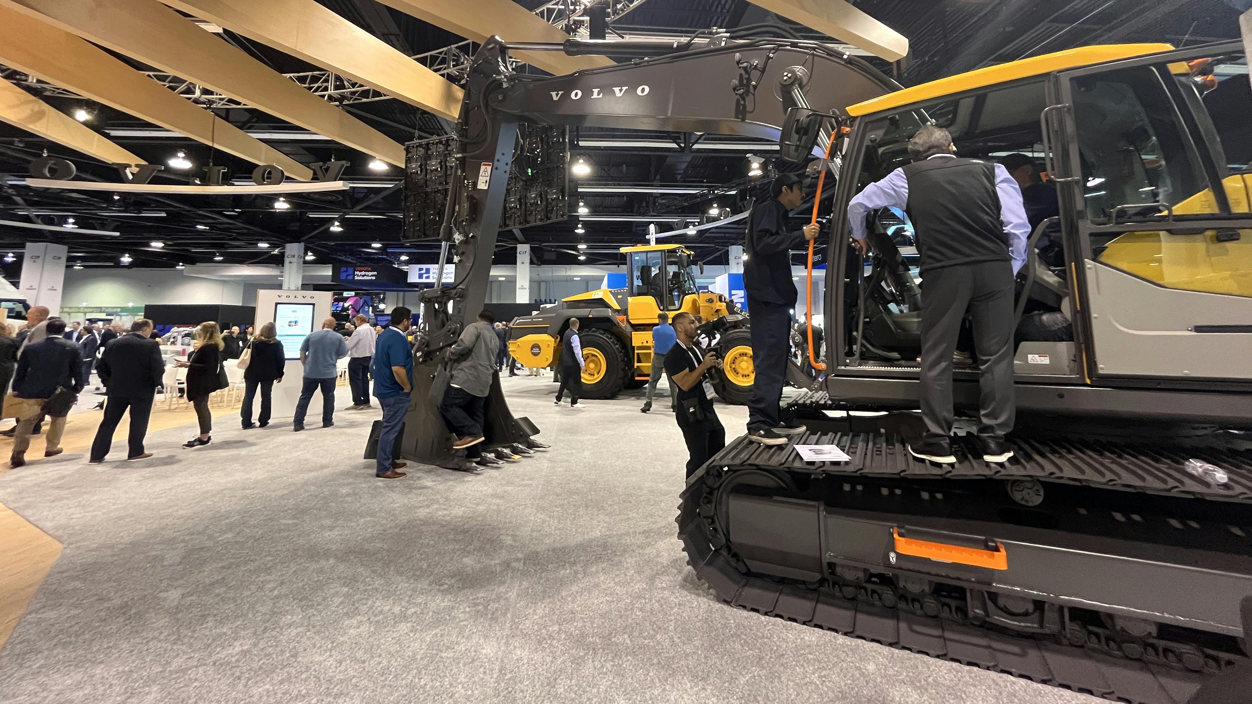Volvo displayed its electric excavator and electric wheel loader (background) during the recent ACT event.
