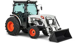Bobcat CT4558 tractor is equipped with a cab-integrated joystick and hydrostatic transmission.