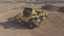 An autonomous Komatsu HD605-10 running on Komatsu Smart Quarry Autonomous, powered by Pronto, being loaded at Komatsu’s Arizona Proving Grounds. An autonomous Komatsu HD605-10 running on Komatsu Smart Quarry Autonomous, powered by Pronto, being loaded at Komatsu’s Arizona Proving Grounds.