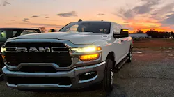 Southern Kentucky sunset backlights the 2500 HD which has just finished the first leg of a 740-mile outbound trip. Chromey nose belies the interior's Tradesman trim, which is basic but comfortable.