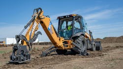 The Case 580EV electric backhoe has a rated output of 108 horsepower/80 kW and a Power Shift transmission with four speeds forward and reverse speeds. Specs with the standard general purpose bucket are 1 cubic yard; 10,946-pound loader bucket breakout force; and 8 feet 10 inches dump height. Operating weight is 19,947 pounds. The Case 580EV electric backhoe has a rated output of 108 horsepower/80 kW and a Power Shift transmission with four speeds forward and reverse speeds. Specs with the standard general purpose bucket are 1 cubic yard; 10,946-pound loader bucket breakout force; and 8 feet 10 inches dump height. Operating weight is 19,947 pounds.