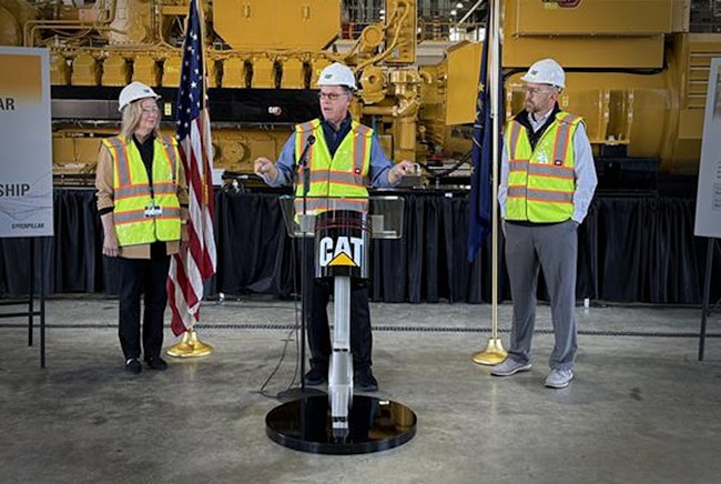 Christy Pambianchi, Caterpillar chief human resources officer; Indiana Governor Mike Braun; and Jason Kaiser, Caterpillar president of energy and transportation group.