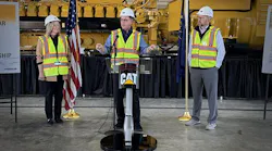 Christy Pambianchi, Caterpillar chief human resources officer; Indiana Governor Mike Braun; and Jason Kaiser, Caterpillar president of energy and transportation group.