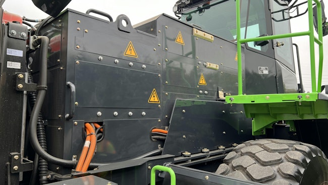 Electric batteries on a piece of construction equipment.