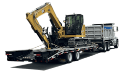Felling Trailers trailer with a Caterpillar excavator hauled by a dump truck Felling Trailers trailer with a Caterpillar excavator hauled by a dump truck