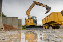 Cat 308 CR Fixed Boom Mini Excavator dumping into dump truck Cat 308 CR Fixed Boom Mini Excavator dumping into dump truck