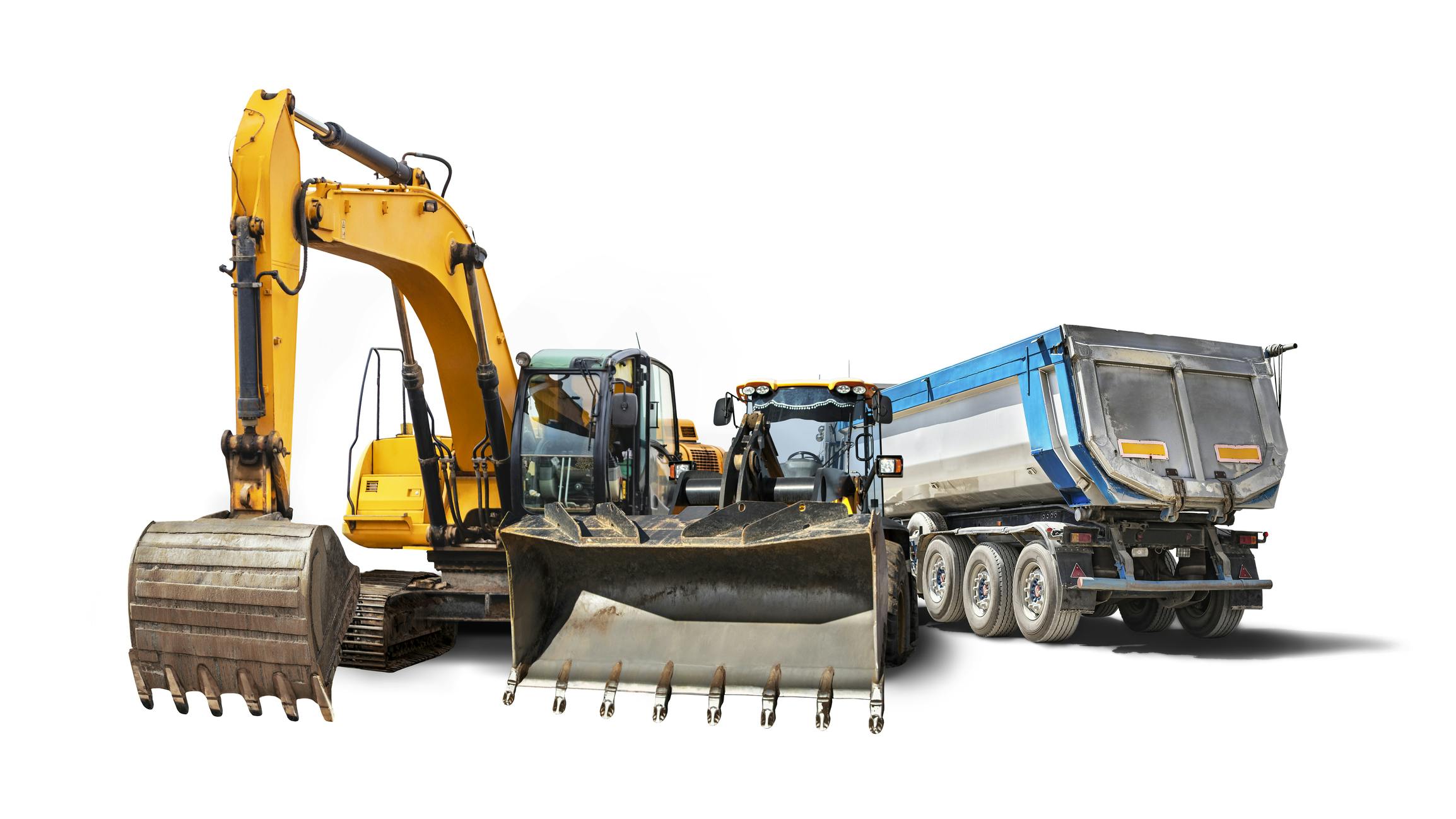 Excavator, dump truck and bulldozer loader close-up on a white isolated background.