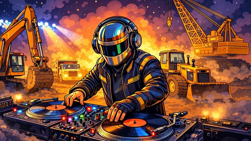 DJ spins records for a construction site dance party