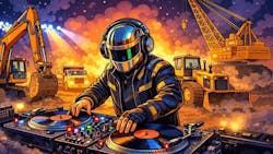 DJ spins records for a construction site dance party DJ spins records for a construction site dance party