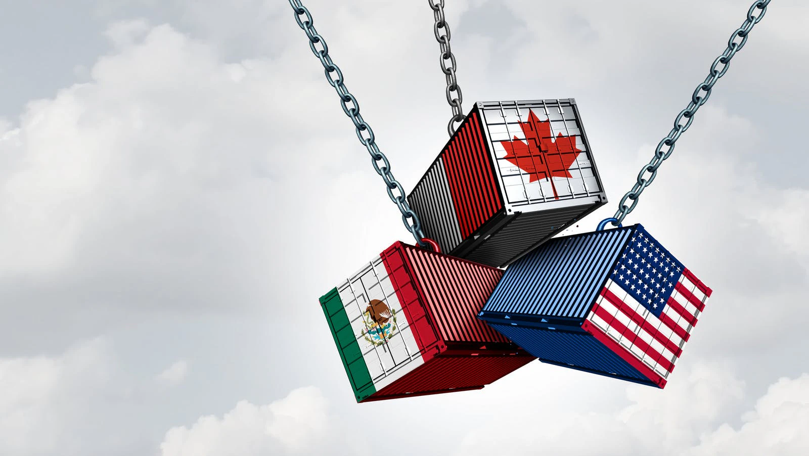 US Mexico And Canada Tariff War as a Mexican Canadian and American trade dispute as cargo containers in conflict as an economic fight over import and exports concept