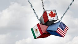 US Mexico And Canada Tariff War as a Mexican Canadian and American trade dispute as cargo containers in conflict as an economic fight over import and exports concept US Mexico And Canada Tariff War as a Mexican Canadian and American trade dispute as cargo containers in conflict as an economic fight over import and exports concept