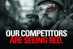 Manitou promotional photo with contractor's glasses reflecting a telehandler. Manitou promotional photo with contractor's glasses reflecting a telehandler.