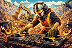 Construction Equipment DJ operating turntables in a quarry pit Construction Equipment DJ operating turntables in a quarry pit