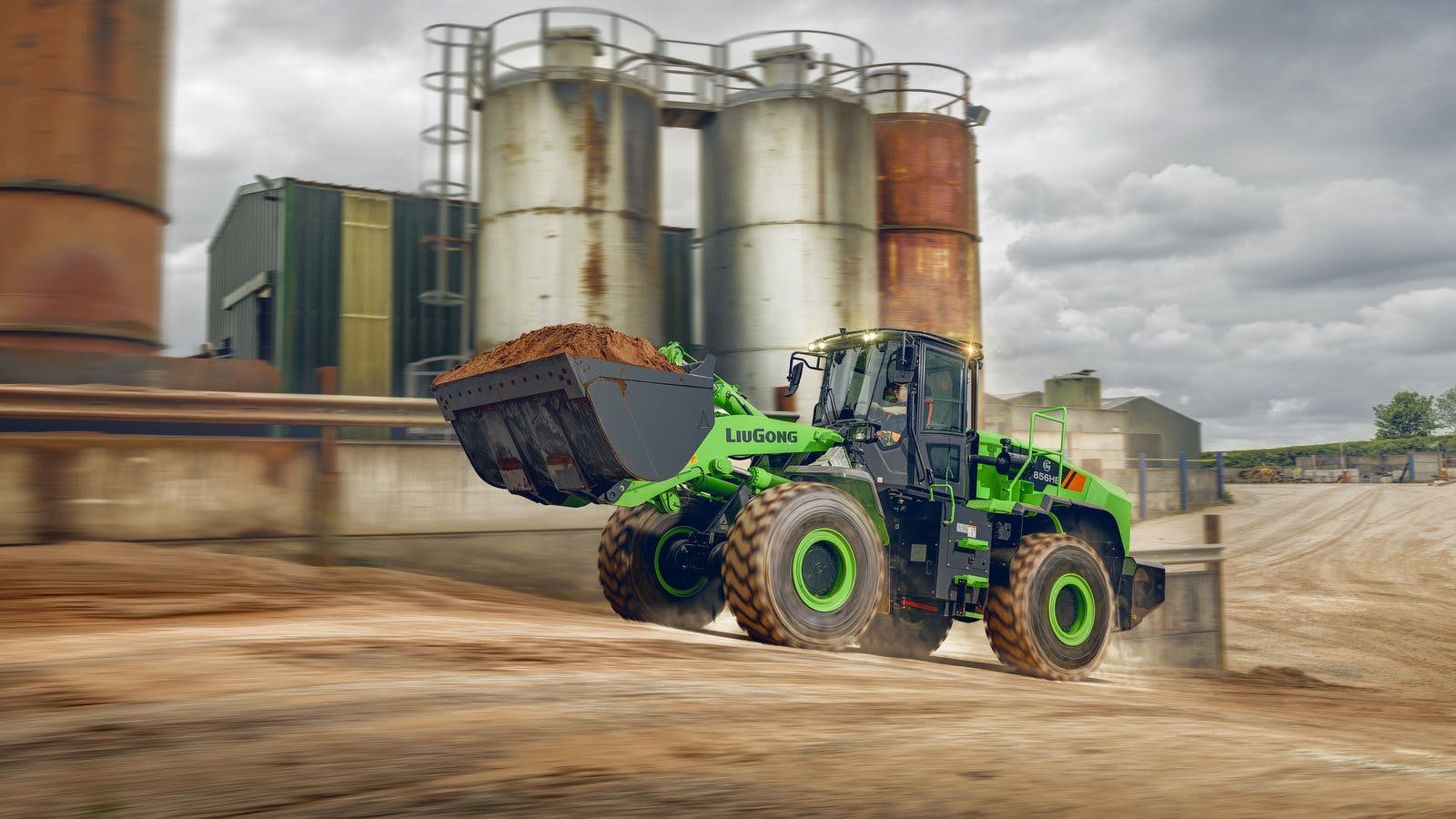 LiuGong 856HE Electric wheel loader carrying a bucket of dirt.