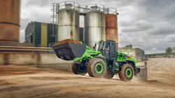 LiuGong 856HE Electric wheel loader carrying a bucket of dirt. LiuGong 856HE Electric wheel loader carrying a bucket of dirt.