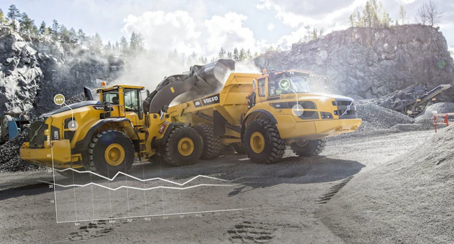 Volvo Construction Equipment Fleet telematics, wheel dumps into an ADT.