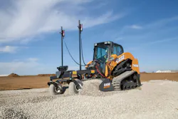 Case compact track loader with a grade control on a box blade attachment. Case compact track loader with a grade control on a box blade attachment.