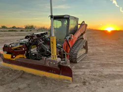 SharpGrade grade control on a Kubota compact track loader as the sun rises. SharpGrade grade control on a Kubota compact track loader as the sun rises.