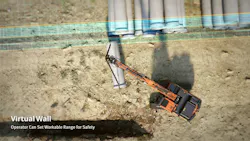 Develon excavator uses Virtual Wall technology while holding a pipe. Develon excavator uses Virtual Wall technology while holding a pipe.