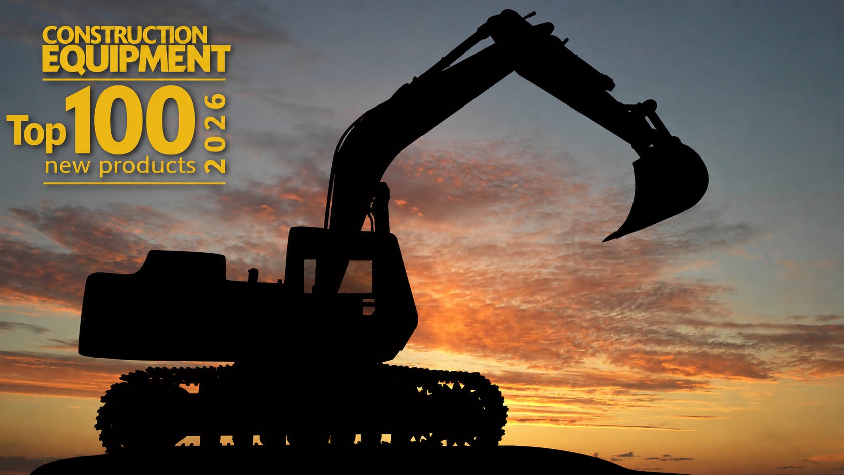 Excavator silhouette on sunset with Top 100 logo.