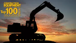 Excavator silhouette on sunset with Top 100 logo. Excavator silhouette on sunset with Top 100 logo.