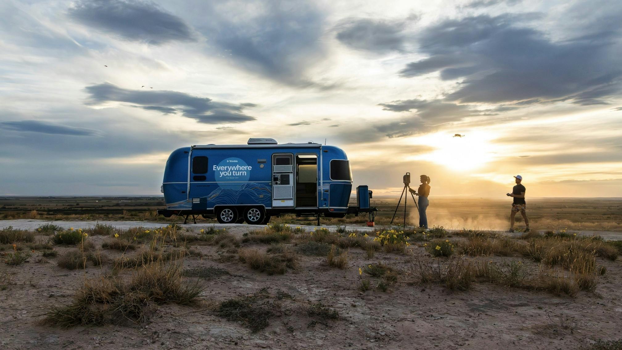 Trimble Everywhere You Turn trailer in the desert, workers taking videos.