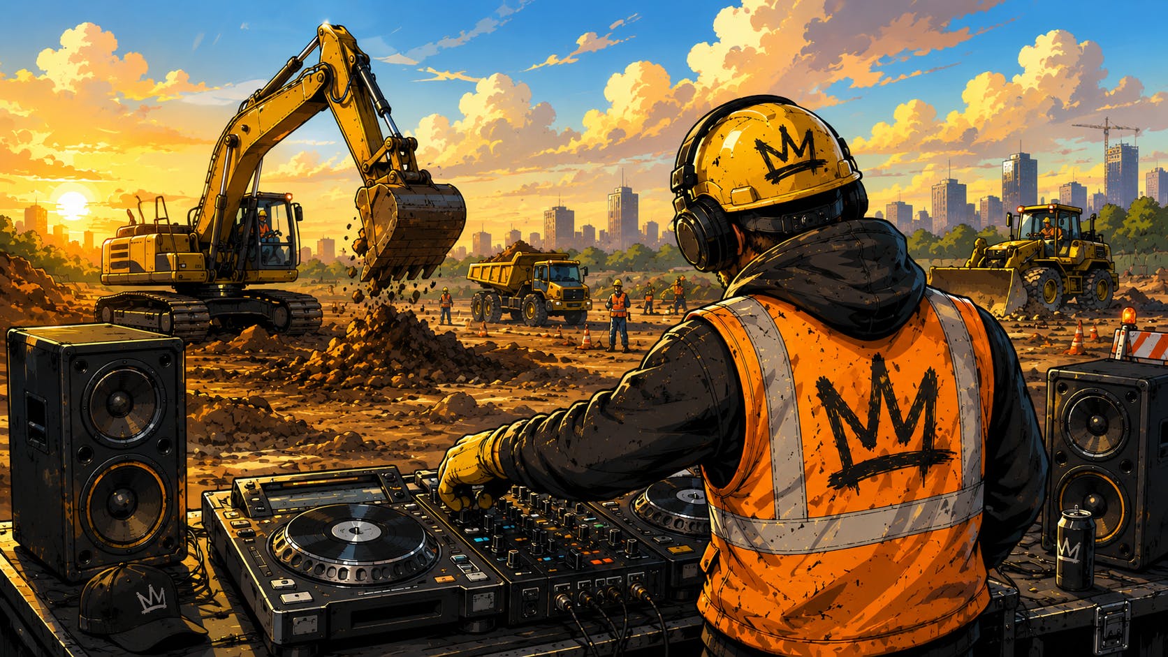 Underground Crown Holders Music Mix Image. DJ operates turntables with machines in the distance