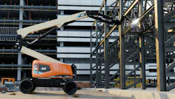 An autonomous JLG boom lift using an end effector to weld. An autonomous JLG boom lift using an end effector to weld.